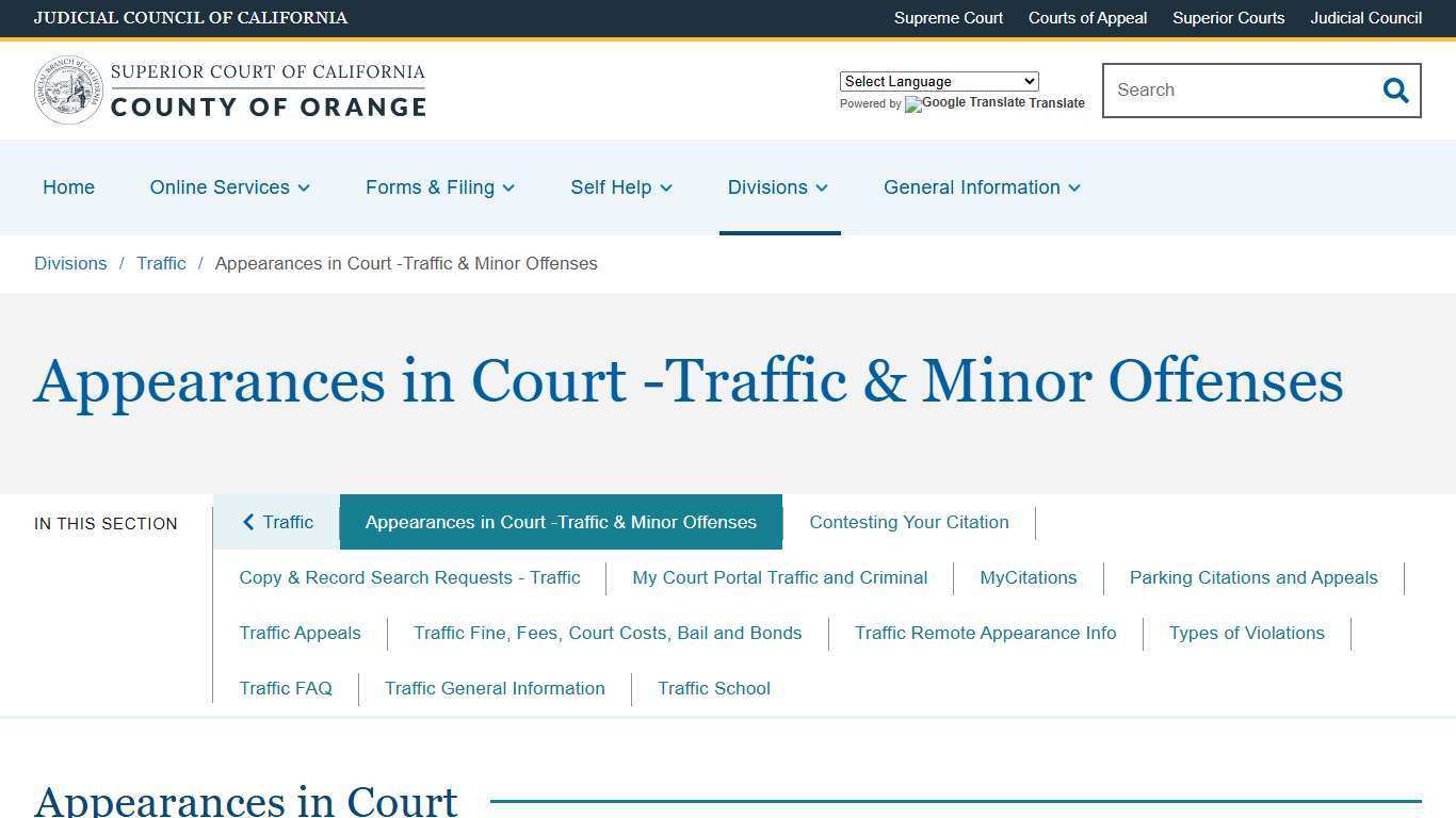 Appearances in Court -Traffic & Minor Offenses | Superior Court of California | County of Orange