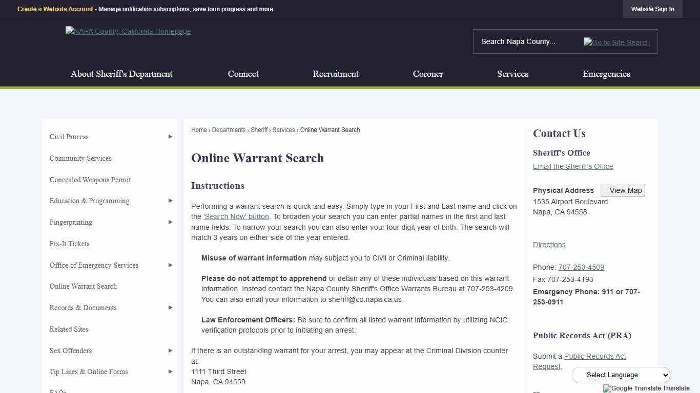 Online Warrant Search | Napa County, CA